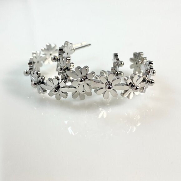 Daisy Chain Flower Stainless Steel Hoop Earrings - Picture 10 of 11